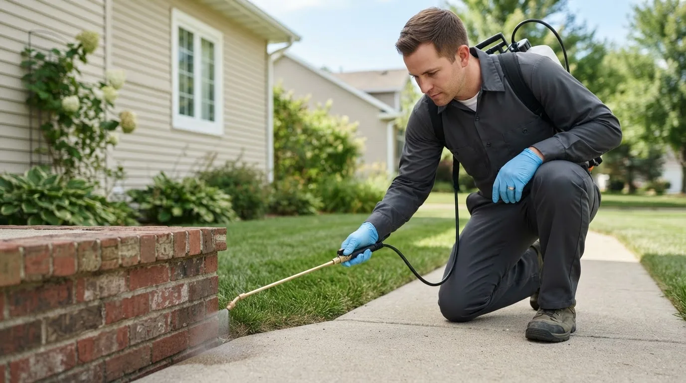 Pest control technician treating a home near Bethpage, NY